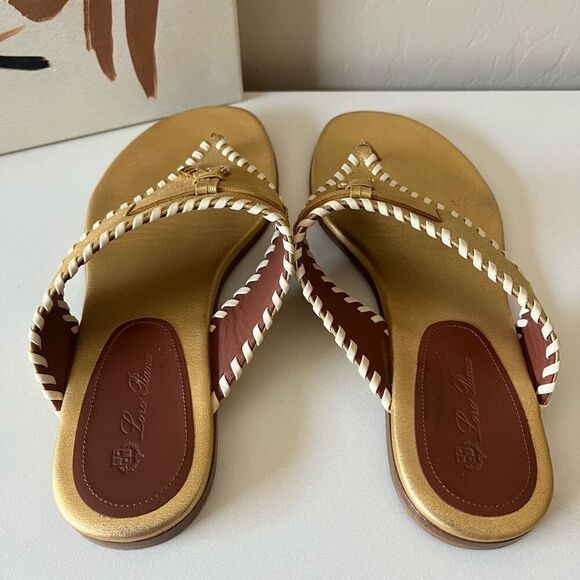 Loro Piana Sandals Leather Metallic Jovis Thong Flip Flop Sandals Gold Size 37.5 - Picture 5 of 8